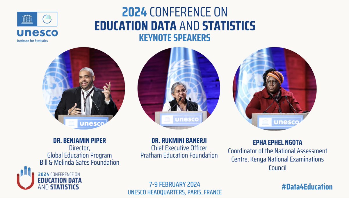 Day 2 of the UNESCO Conference on Education Data and Statistics! The morning session featured three distinguished speakers @benlpiper, Dr. Rukmini Banerji @Pratham_India, and Epha Ephel Ngota. The LIVEstream from the morning session is available at: youtube.com/watch?v=OYW-VW…