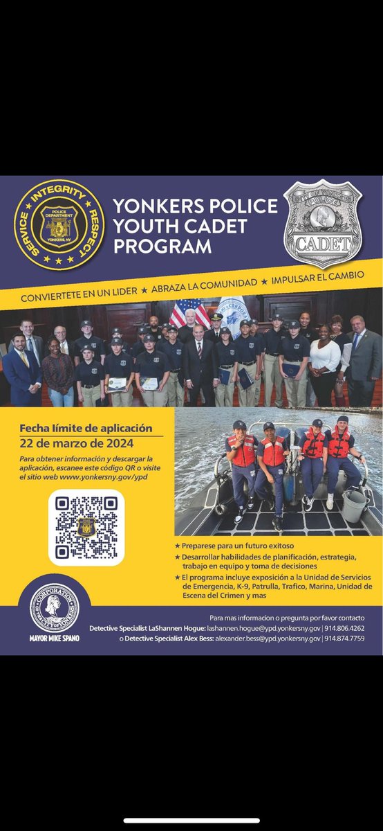 Join the Youth Cadet Program!

“If you're a Yonkers teen between the ages of 14 and 18 and have what it takes to challenge yourself and set yourself up for future success.”

@GortonHS @YonkersSchools @YonkersPD @GortonHSMBK @YonkersMBK