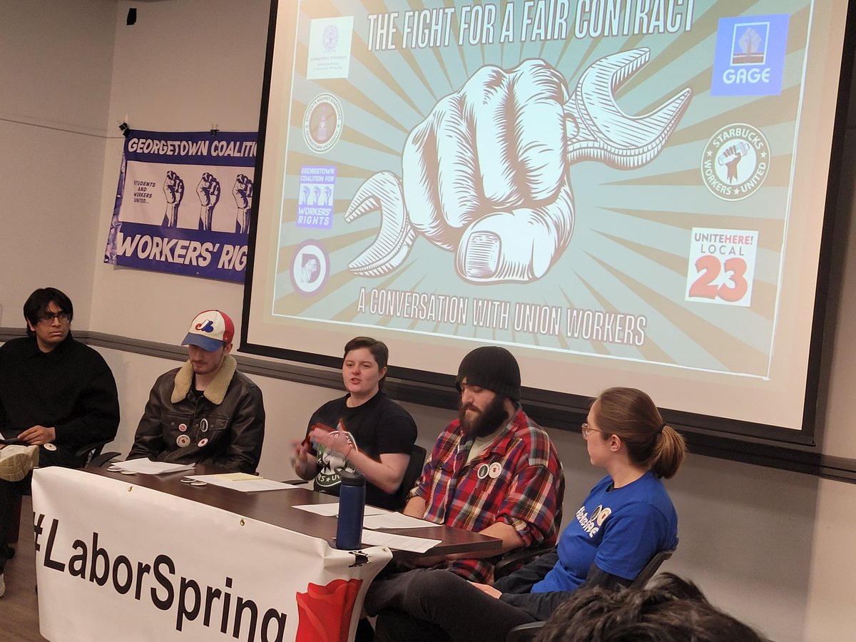 Tonight #LaborSpring takes off at Georgetown with convo with unionizing and organized workers. Lots of discussion of power and HOPE! @unitehere local 25 @GeorgetownKILWP @WeAreGAGE @SBWorkersUnited