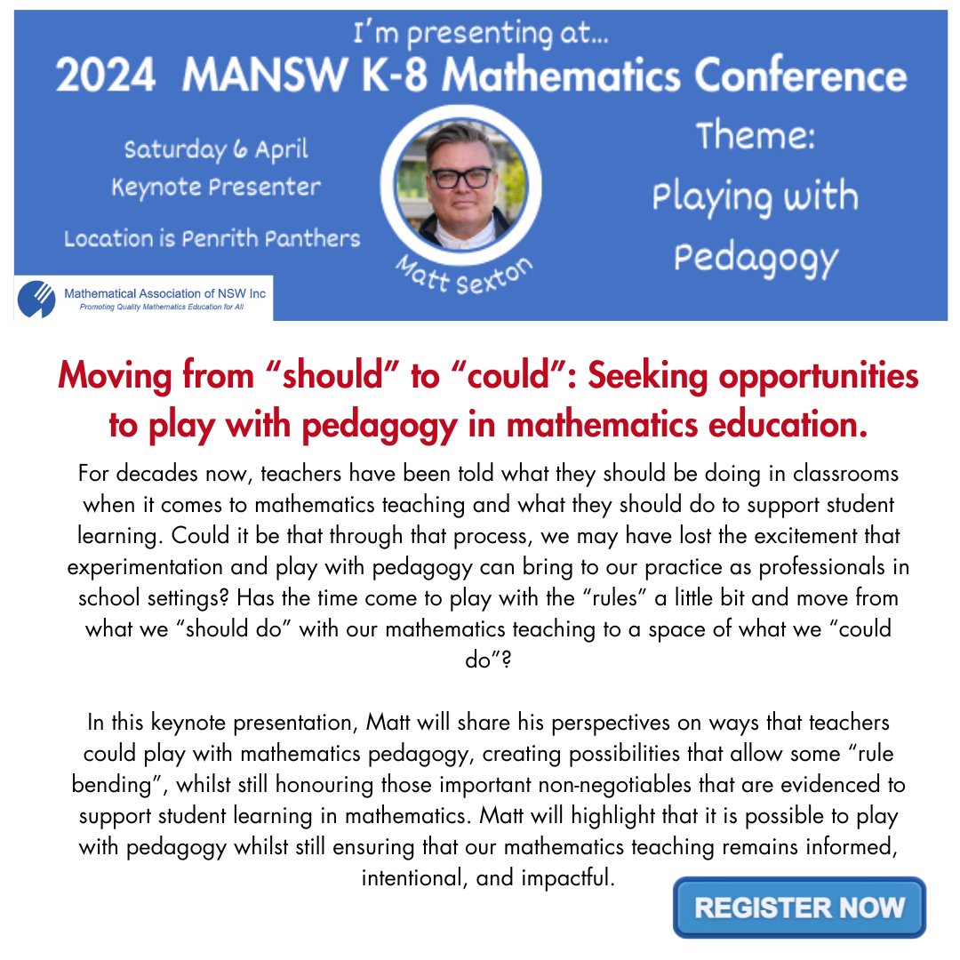 MathsNSW's tweet image. 📣Join the insightful discussion with Matt on April 6th as he explores &apos;Moving from “should” to “could”:Seeking opportunities to play with pedagogy in mathematics education.🧮🎤Don&apos;t miss out on this engaging Keynote Presentation! mansw.nsw.edu.au/events/event/2… #mansw #mathsconference