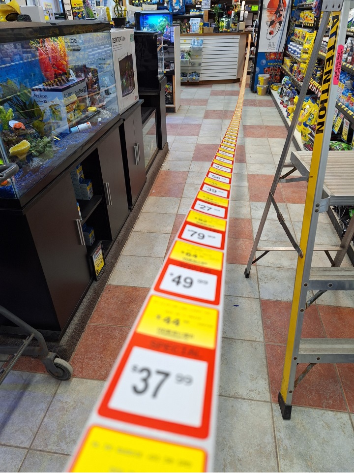BigAlsInnes's tweet photo. Prepping the tags for our Leap into Savings Event! Reached 34 feet before the roll ran out! Then did about another 275 tags! The sales run from Feb 23-Mar 3, 2024 https://t.co/9cEx83zqNN