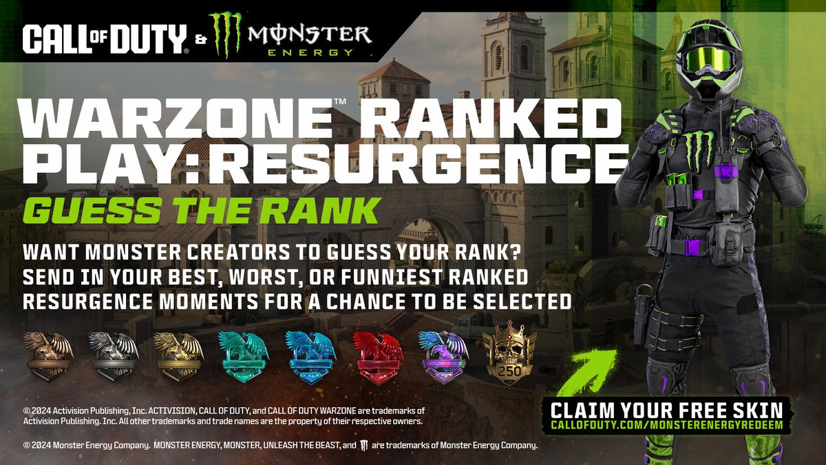 CallofDuty_ANZ's tweet photo. Have @Aydan or @HusKerrs guess your Resurgence Rank 🤔
👉 Post your clip tagging @callofduty, @monsterenergy, #CODMonsterPlays, and your Skill Division
✅ Must be on Fortune's Keep Ranked Resurgence using the Monster Skin
Redeem your Monster Skin ➡️ https://t.co/wMMnq2QQp1 https://t.co/KWMIj2ypTD