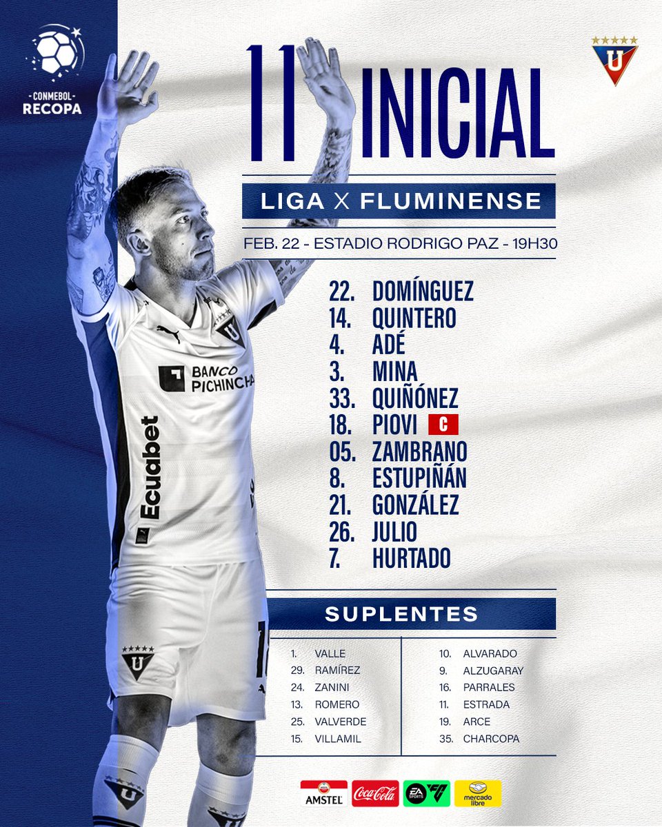 🇪🇨 Equipo titular de <a href="/LDU_Oficial/">LDU Oficial</a> para enfrentar a <a href="/FluminenseFC/">Fluminense F.C.</a>, partido de Ida de la <a href="/ConmebolRecopa/">CONMEBOL Recopa</a> Sudamericana 🏆⚽

Rodrigo Paz Delgado 🏟️
Hoy! 19h00