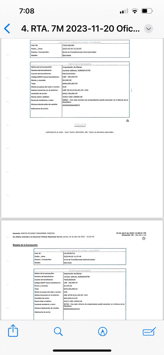 alazamo123's tweet photo. Como ciudadana y en rescate del patrimonio público, que “presunta” y flagrantemente nos han robado la parejita Martin Manjarres y Marcela Montes a través de su empresa M&M Group, (anticipo de 6 mil millones de pesos) pagados a ellos por la alcaldía de Bogotá, bajo la administración de Claudia López. 

Con el anticipo, supuestamente compraron los extintores a una empresa en Estados Unidos, y aparentemente simularon pagar a esa empresa la cantidad 300 mil dólares por medio del Banco de la República. 

Hice un derecho de petición a la @DIANColombia con el objetivo de que me informaran si efectivamente los extintores llegaron al país. En la respuesta me dijeron que los extintores no llegaron al país. Lo que me hace pensar que las transacciones realizadas pueden ser falsas o simuladas. 

Ahora me falta corroborar mediante derecho de petición, al @BancoRepublica si efectivamente esas transacciones son verdaderas. 
(Presumo que son falsas).

¿Que creen?  ¿Será que nos volvieron a robar los mismos que presuntamente nos robaron con el carrusel de los carros blindados?

Ellos siguen contratando libremente con el Estado colombiano, están metidos en casi todas las entidades, me quitaron el caso para protegerlos. 

Por este nuevo hecho delictivo no sabemos si los están investigando. 

Les adjunto las transferencias de los 300 mil dólares, el contrato y la respuesta del derecho de petición. 

Algún buen samaritano que me ayude con el derecho de petición al banco de la República por favor, todos están legitimados para hacerlo. 

¡SEAMOS VEEDORES!