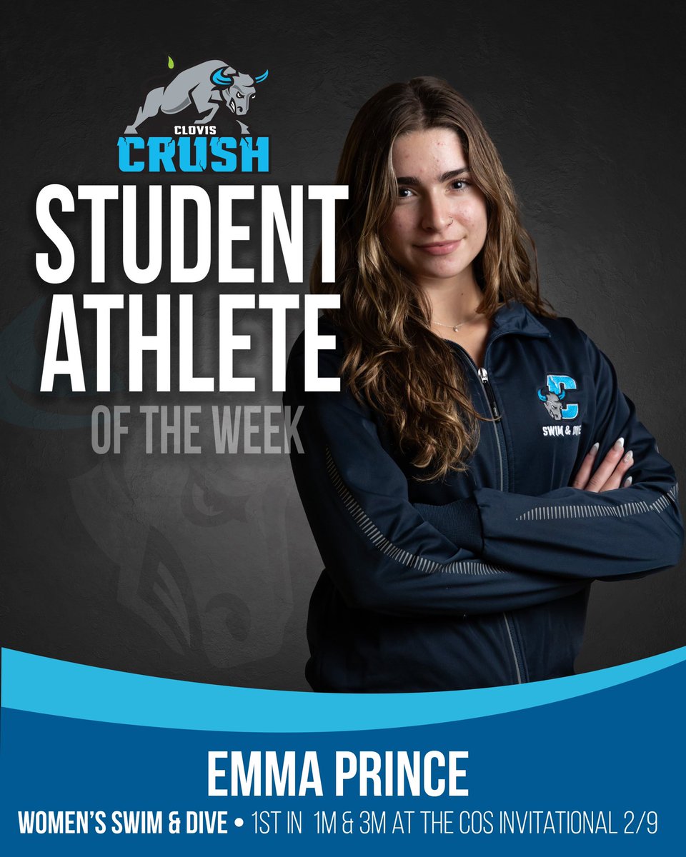 Let’s hear it for Emma Prince from @CCCaquatics, this week’s @Crush_Athletics SAOTW! Emma placed first in both the 1M & 3M at the COS Invitational, her first collegiate meet! Great job, Emma! #VamosCrush