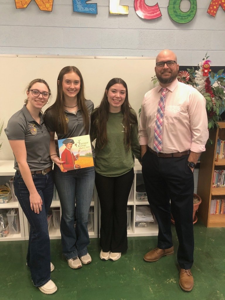 BVNPrincipal's tweet photo. This morning we had three visitors from our high school's FFA. They are celebrating National FFA week this week, and came 2 visit us this morning. The FFA was nice enough to provide each 3rd grade student a book called "Farmer George Plants a Nation." Thanks Kate, Ella, &amp; Peyton! https://t.co/gmoTu66zOg