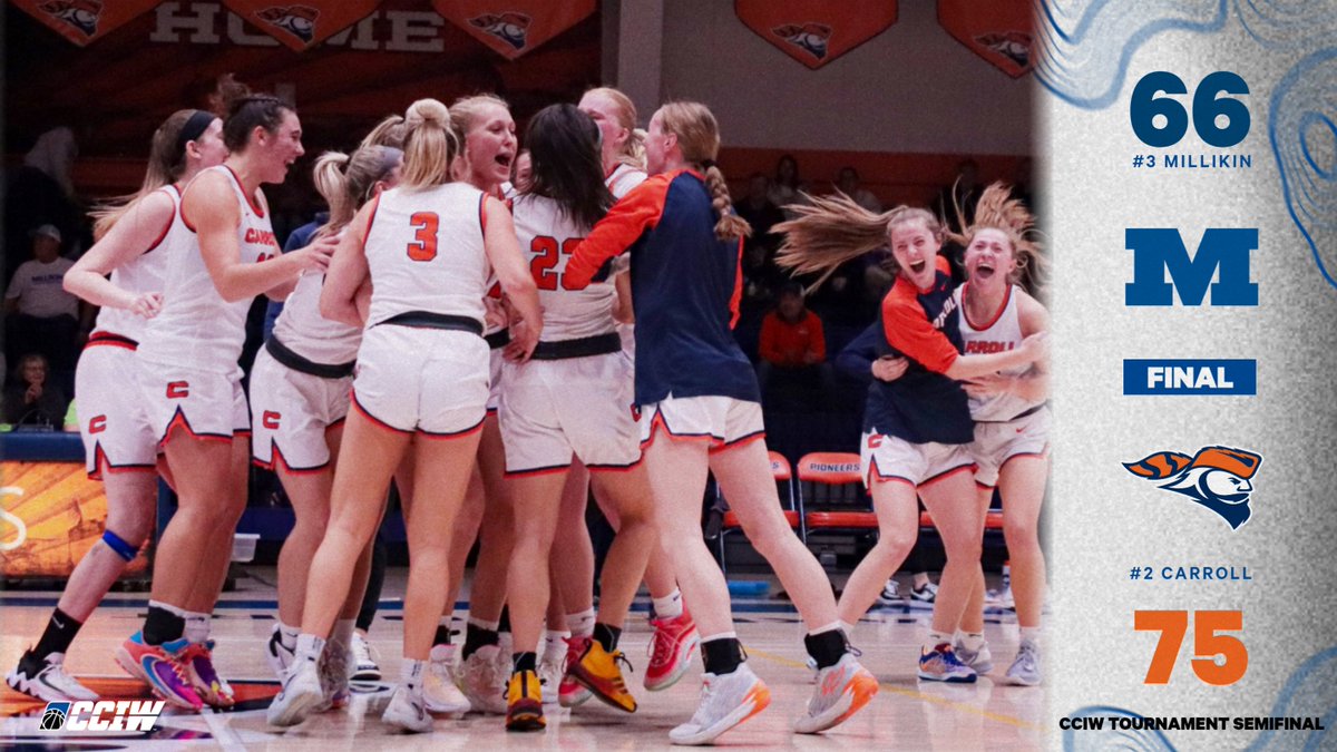 CCIW_Athletics's tweet photo. History for the Pios!

Carroll ousts defending champ Millikin in the CCIW Women's Basketball Tournament semifinals, 75-66.

The Pioneers will play in the title game Saturday at 3:30 p.m., their first trip to the CCIW Tournament final in program history.

#d3hoops | #CCIWwins https://t.co/KvnSlKgxPf