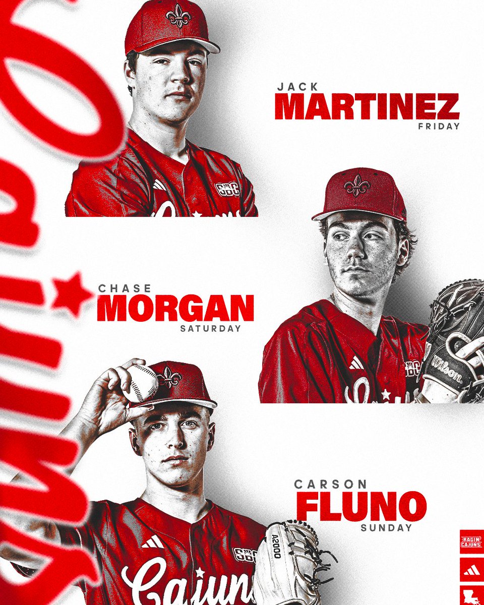 𝗙𝗜𝗥𝗦𝗧 𝗔𝗥𝗠𝗦 💪 on the mound this weekend at #TheTigue Friday (6 p.m.) - Jack Martinez Saturday (2 p.m.) - Chase Morgan Sunday (1 p.m.) - Carson Fluno #GeauxCajuns