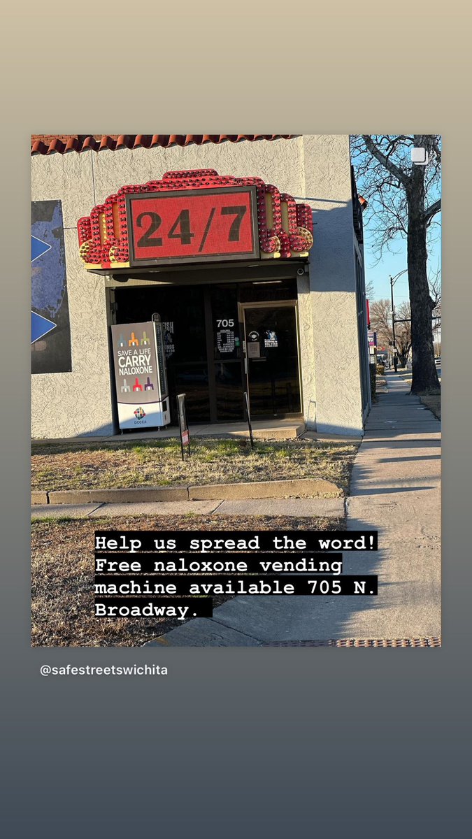 SafeStreets316's tweet image. 🎀✂️ Happy Vending Machine Day! Free naloxone is available 24/7 at 705 N. Broadway. Spread the word! Don't forget to carry naloxone to save a life. #harmreductionworks #ksleg