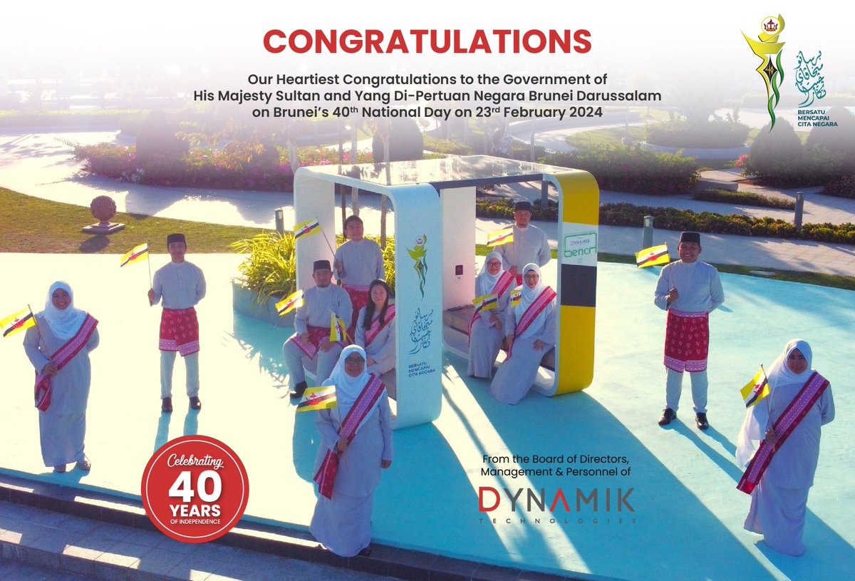 dynamiktech's tweet photo. Celebrating 40 years of independence!✨🇧🇳

May Allah SWT bless Brunei and guide us forward, united and inspired ♥️

#Brunei #BruneiDarussalam #NBD40 #HK40 #BersamaMencapaiCitaNegara #DynamikTechnologies #EmpoweringDigitalTransformation #sustainable #23February #Dynamik2024 https://t.co/9eLLKkXBCw
