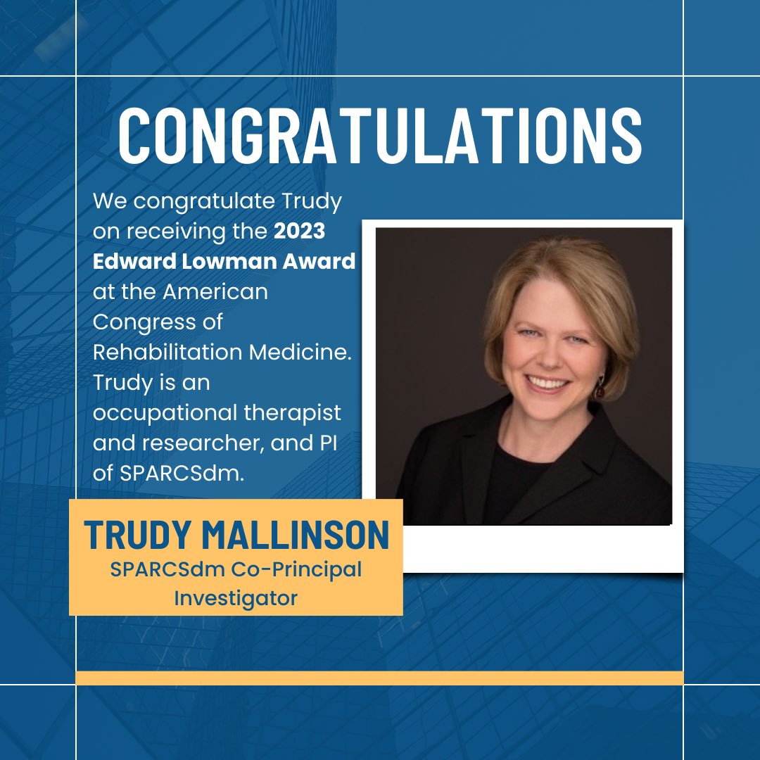 amlab_'s tweet photo. Congratulations to SPARCSdm Co-Principal Investigator, Trudy Mallinson, on this achievement. The team is lucky to have her! 

#Rehabilitation 
#Research https://t.co/Rezynk1P06