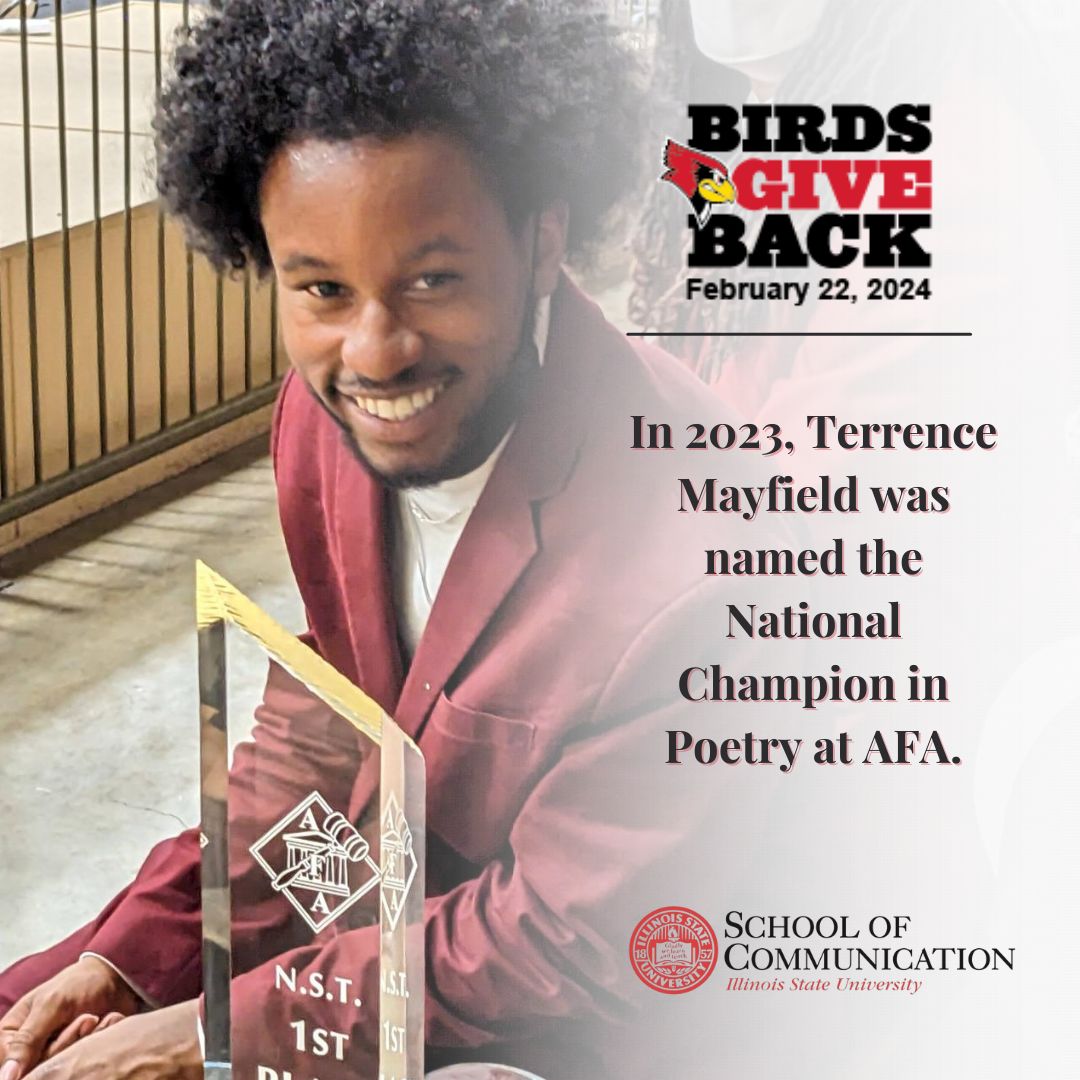 School of Com at ISU (@isusoc) on Twitter photo ***POINT OF PRIDE***
In 2023, Terrence Mayfield was named the National Champion in Poetry at AFA.
Show your support for our <a href="/isuforensics/">ISU Forensics</a> team!
birdsgiveback.illinoisstate.edu/pages/school-o…
#BirdsGiveBack #SchoolofCommunication #BestintheMidwest #IllnoisStateUniversity #IllinoisState #FellHall ***POINT OF PRIDE***
In 2023, Terrence Mayfield was named the National Champion in Poetry at AFA.
Show your support for our <a href="/isuforensics/">ISU Forensics</a> team!
birdsgiveback.illinoisstate.edu/pages/school-o…
#BirdsGiveBack #SchoolofCommunication #BestintheMidwest #IllnoisStateUniversity #IllinoisState #FellHall