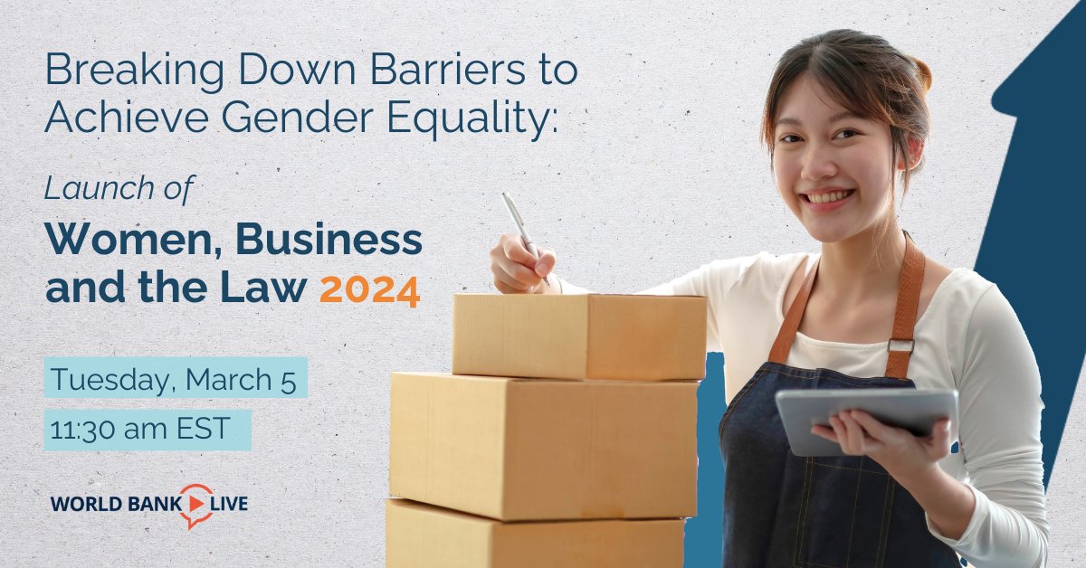 How can we close the legal #gendergap? Which countries have made the most, & the least, progress? 

Submit your questions & take part in a moderated discussion on March 5 at the 2024 #WomenBizLaw virtual event. 

📺 wrld.bg/Nwan50QAOPU
 #AccelerateEquality