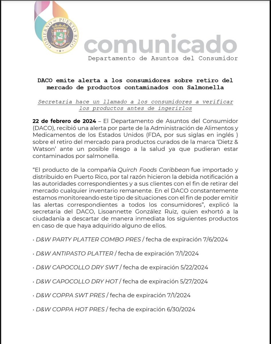 dacoatufavor's tweet image. 🚨 [Comunicado] DACO emite alerta a los consumidores sobre retiro del mercado de productos contaminados con Salmonella. 

#DACoTeProtege @lafortalezadepr