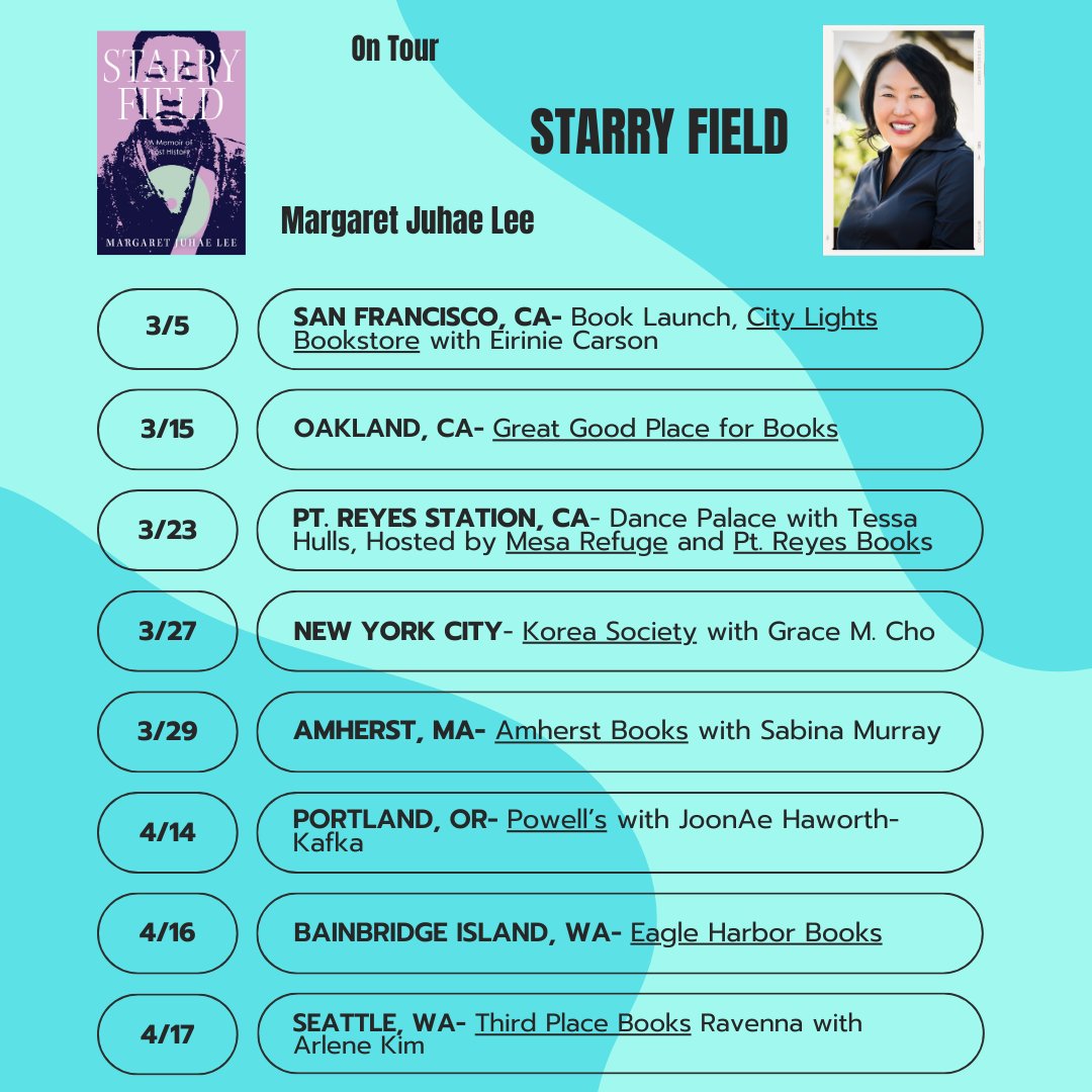 Come see me on the Starry Field book tour! Launch is on 3/5 @CityLightsBooks with @Eirinieee. I still can't quite believe it's happening, so come help me make it real. Thanks to @tessahulls @GraceMCho @joonae_hk @quietlybananas and Sabina Murray for talking with me!