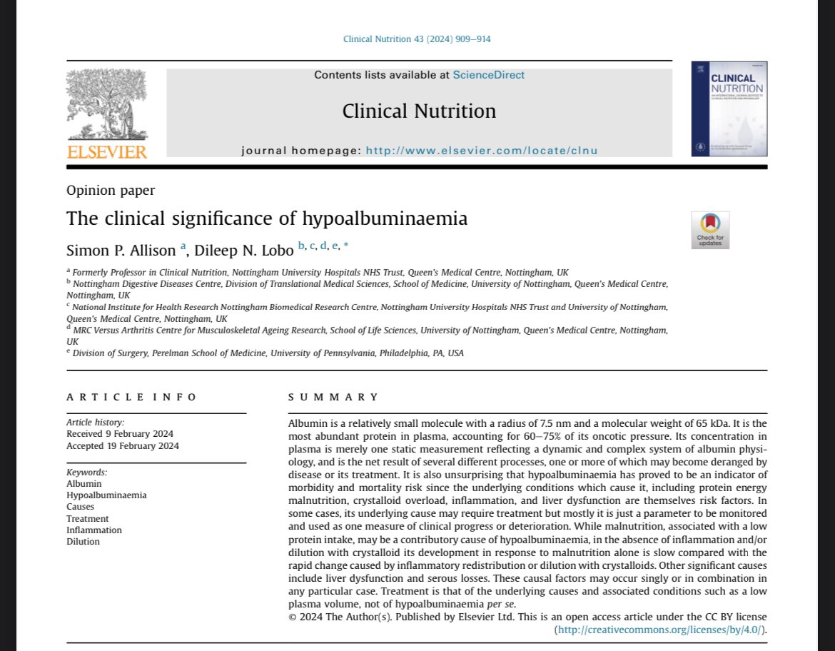 A pleasure and a privilege to be writing again with my mentor Prof. Simon Allison. The significance and treatment of hypoalbuminaemia. authors.elsevier.com/sd/article/S02…
