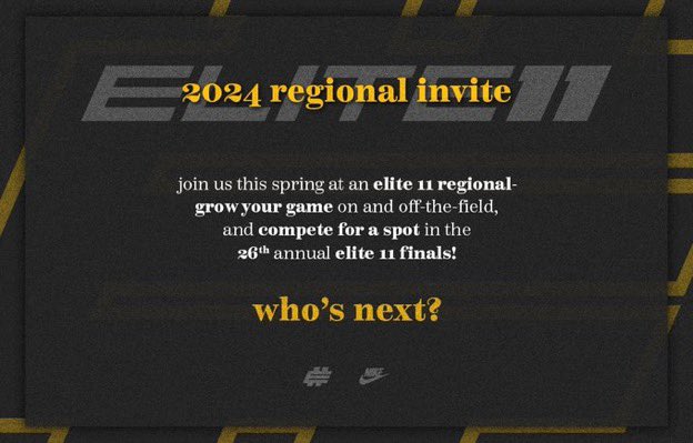 Blessed to receive an invitation to <a href="/Elite11/">Elite11</a> Camp 
<a href="/Stumpf_Brian/">Brian Stumpf</a> <a href="/CoachEReinhart/">Eli Reinhart</a> <a href="/therealraygates/">Ray Gates</a>