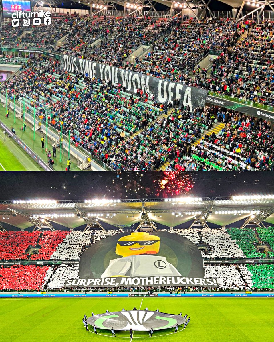 💥 Kale arkasına giriş yasağı yiyen Legia Varşova ultralarının UEFA’ya akıl dolu cevabı… 

🔹 Maç öncesi kale arkasındaki pankart: "Bu sefer sen kazandın UEFA."

🔥 Seromoni esnasında maraton tribünündeki koreografi: "Sürpriz, o***pu çocukları!" 😁