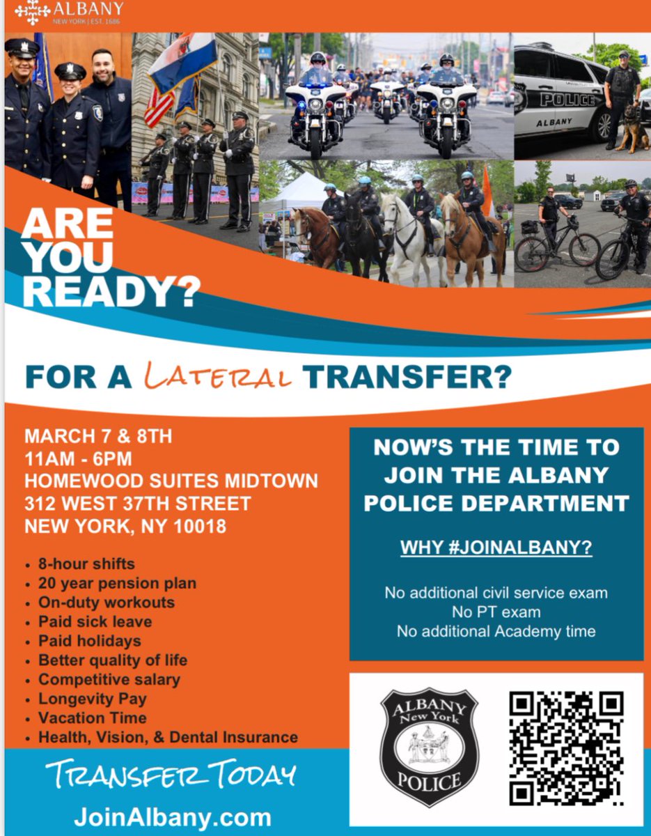 🚨In case you missed the last one, here is another opportunity to speak with experienced officers about joining our police department🚨 We are now accepting applications for lateral transfers. Don't miss out on this incredible opportunity! #JoinAlbany