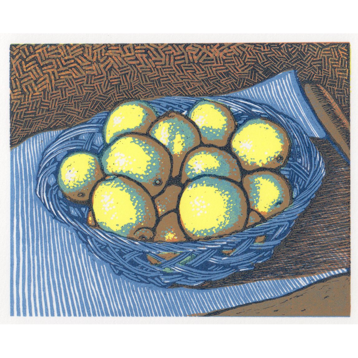 Kay A. Brown - Lemons in a Blue Basket- from the 86th SWE Annual Exhibition, on at Bankside Gallery in London until February 25th. The show will then tour. Engravings are also available from our website. societyofwoodengravers.co.uk #printmaking #woodengraving