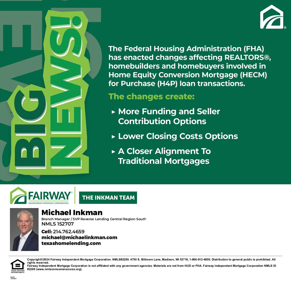 Big News! 
The Federal Housing Administration (FHA) is working to make changes that affect REALTORS® and home builders involved in Home Equity Conversion Mortgage (HECM) for Purchase (H4P) loan transactions. 
#HECM #H4P #ReverseMortgage #Realtors #HomeBuilder