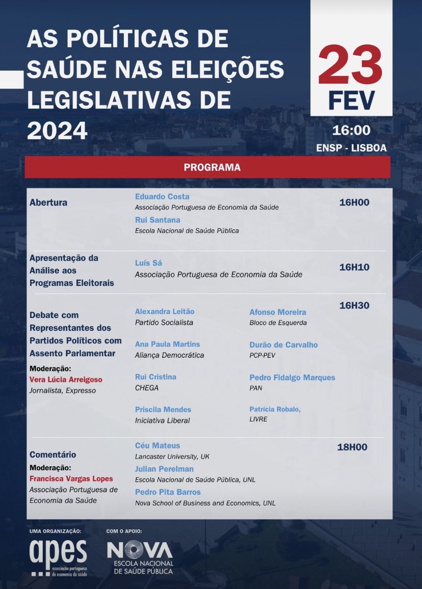 Lotação esgotada p/ um debate promissor, suportado pela análise especializada dos programas eleitorais + comentários c/ Economistas da Saúde Amanhã às 16h, serviço público pela @associacaoapes 🎥 Livestreaming youtube.com/live/BT80HDomn… + info: apes.pt/arquivo/3532