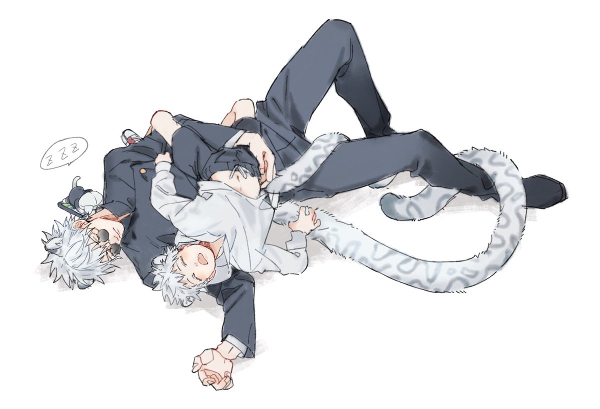 gojou satoru multiple boys tail animal ears 2boys male focus white hair white background  illustration images