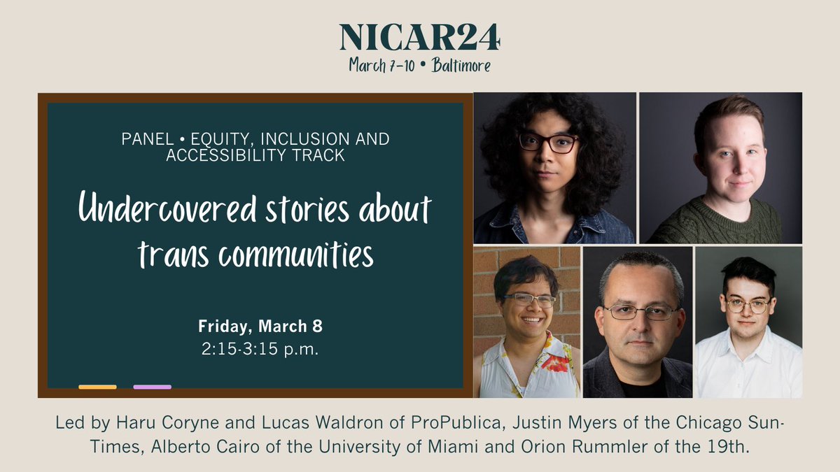 Anti-transgender laws have surged in recent years. This #NICAR24 panel will help you find better reporting questions and cut through politics to get to facts. This session is planned in collaboration with @TransJA. schedules.ire.org/nicar-2024/ind… @lhwaldron @myersjustinc @AlbertoCairo