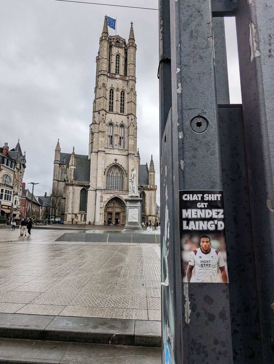 Matthewpotter97's tweet photo. Another day and more @DCFCstickers placed around Belgium on tour in Antwerp then Mendez-Laing in Gent and the final one in Oudenarde #dcfc #derbycounty #ramsontour ๐๐ค๐ค๐ค https://t.co/7921kaNZ59