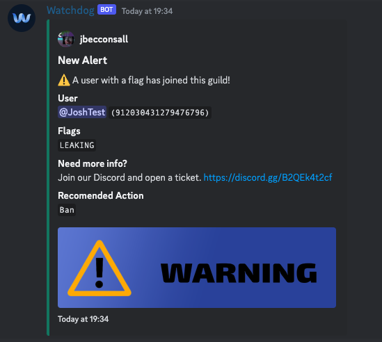 WatchdogSystems's tweet photo. We have just updated our embed for when a user with a flag joins your server!

A big warning sign now shows at the bottom to show you someone has been naughty ;)

https://t.co/iyz6HTmREo https://t.co/w70lKqKplN