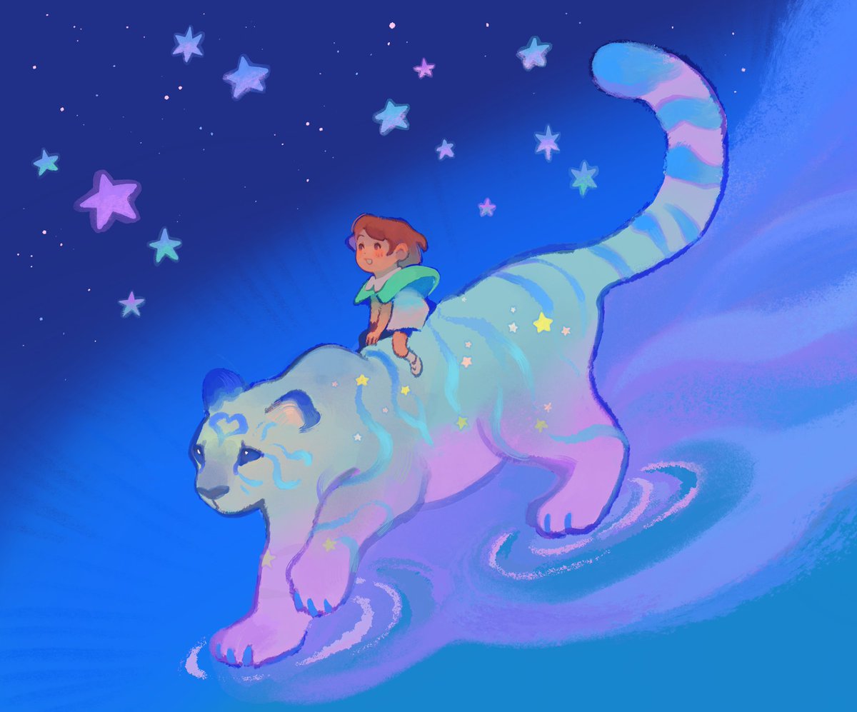 1girl riding star (symbol) brown hair tiger animal short hair  illustration images