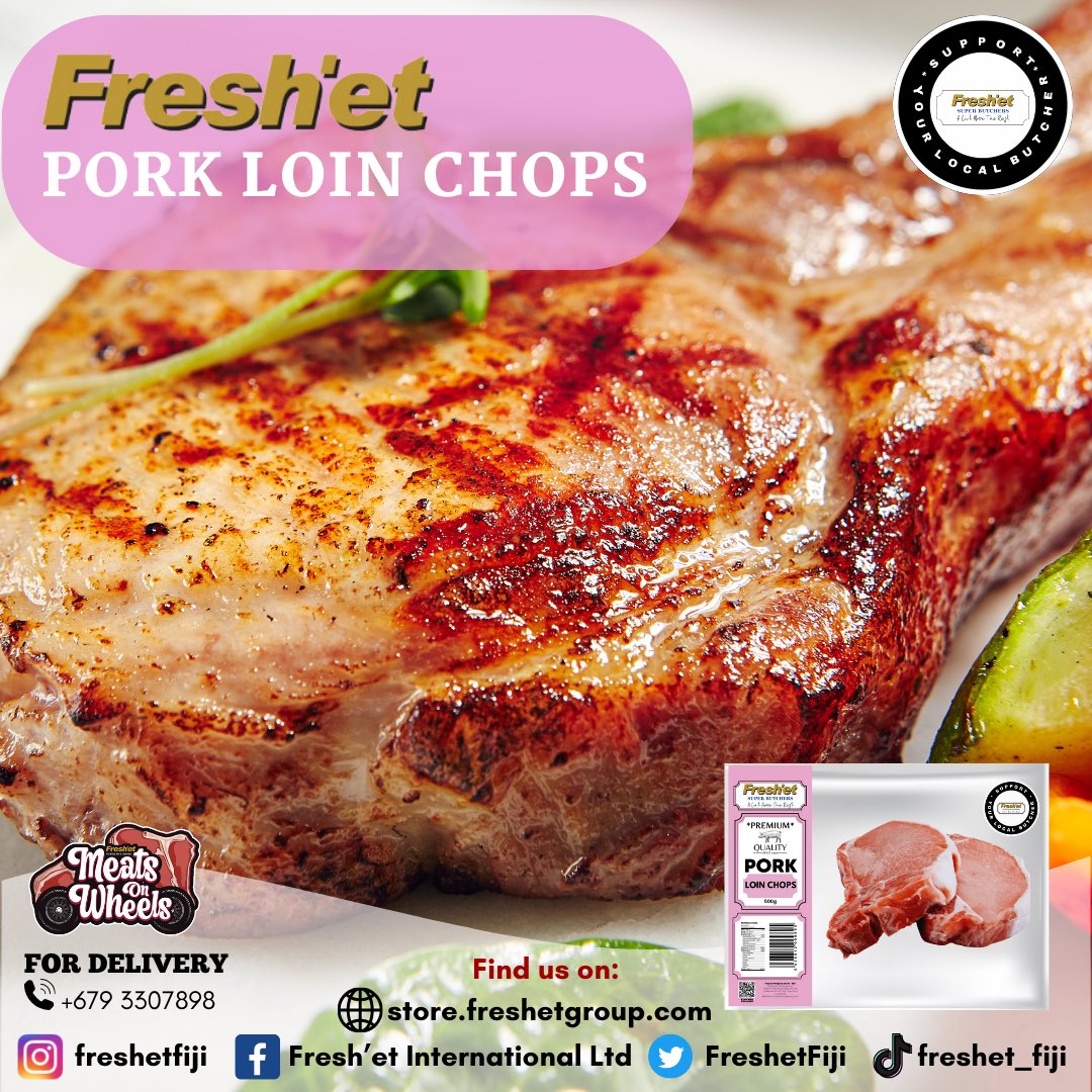 FreshetFiji's tweet photo. Get yourself a pack of our juicy tender Pork Loin Chops today. Available at Extra Supermarkets, Newworld IGA, True Mart Supermarkets and Kundan Singh Tamavua or order online https://t.co/j2U24QbWSH 

#freshetfiji #porkloinchops #qualitymeat #fijibutchers #fiji https://t.co/z2xrqFfQWr