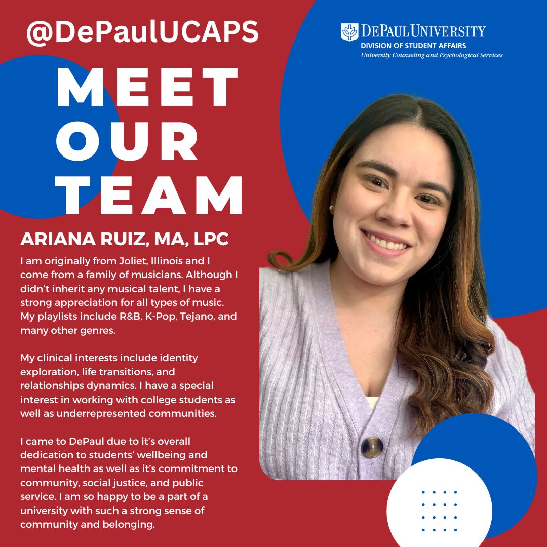 Meet our #DePaulUCAPS team! Ariana Ruiz, MA, LPC is a Licensed Professional Counselor @DePaulUCAPS. She will be leading a #LincolnParkCampus #DBT (dialectical behavioral therapy) #therapygroup in Spring quarter.