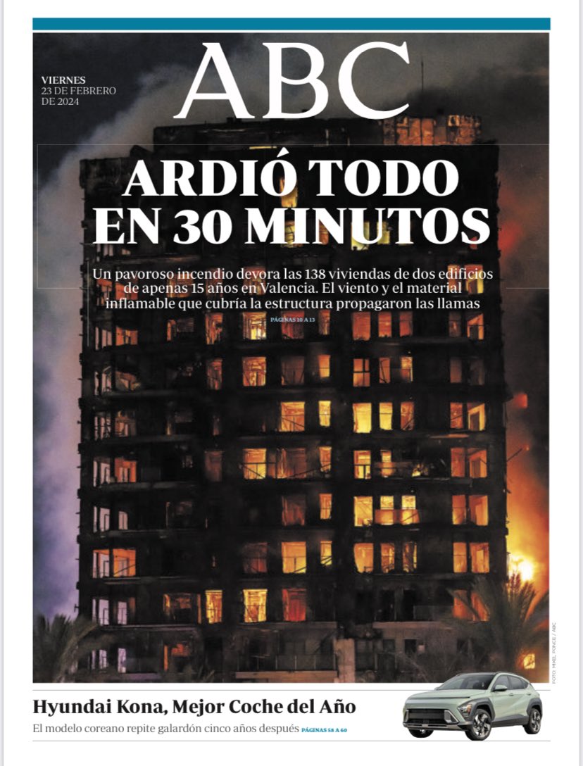 GarrochoS's tweet photo. La portada de mañana de ABC con el terrible incendio de Valencia. Todo el apoyo a los afectados y gratitud infinita para los bomberos y demás servicios de emergencias. https://t.co/lsacKcpg3S