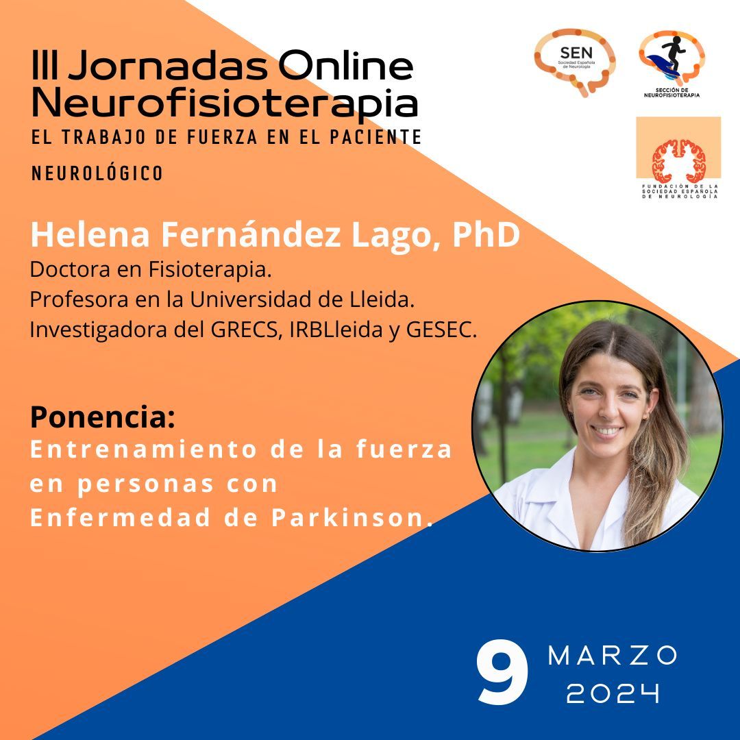 Conoce a los ponentes de la III Jornada Online de Neurofisioterapia.
Hoy: Helena Fdez, Lago
Fisioterapeuta, Doctora por <a href="/udc_gal/">Universidade da Coruña</a>
Profesora en <a href="/fif_udl/">Facultat d'Infermeria i Fisioteràpia</a>
Investiga en <a href="/gesec_udl/">GESEC-UdL</a> <a href="/girblleida/">GReCS_IRBLleida</a> e <a href="/irblleida_info/">IRBLleida</a> sobre Enfermedad de Parkinson.

No te lo pierdas: buff.ly/42yzu5A