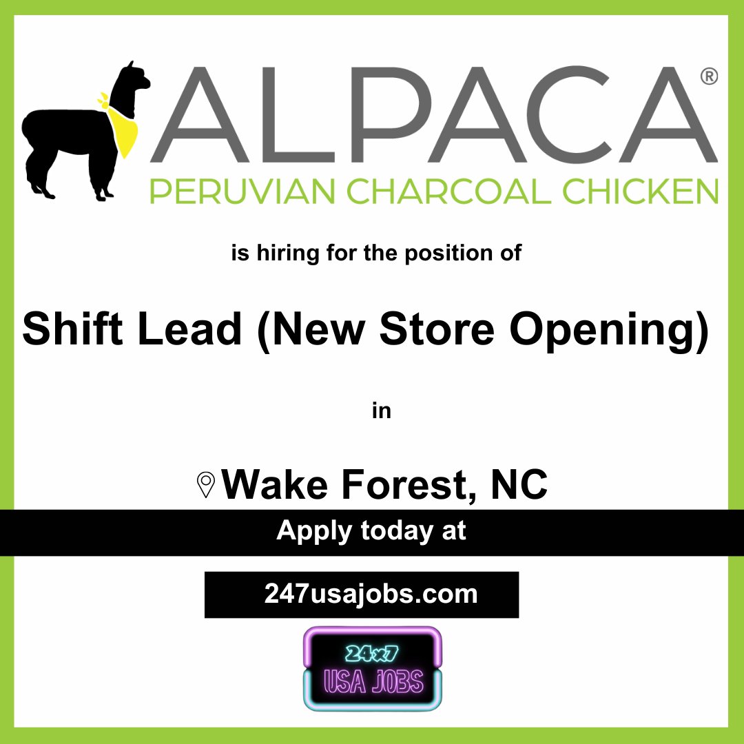 CareerSphereJob's tweet image. 🐔 Join our flock! Alpaca Peruvian Charcoal Chicken in Wake Forest, NC  is hiring a Shift Lead. If you're a natural leader with a passion for  hospitality, we want to hear from you! Apply now! #NowHiring #ShiftLead  #WakeForestNC 🌯🔥