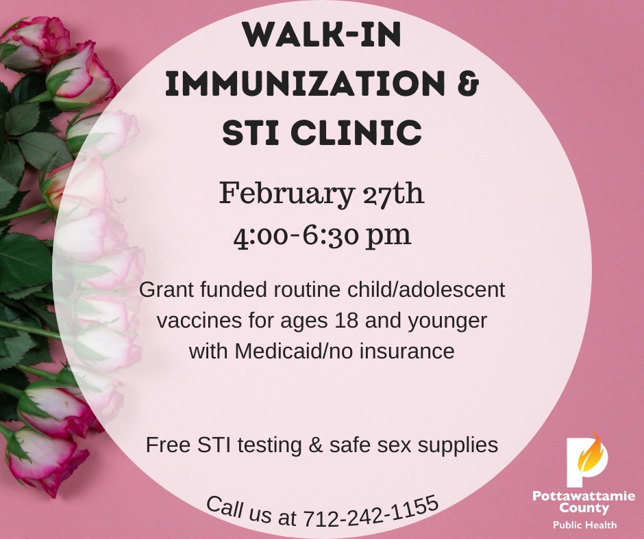 PottCoPHD's tweet image. Our Evening Walk-in Clinic will be 2/27/24 from 4:30pm-6:30! 

🩹Routine adolescent vaccines for ages 18 and younger 
🩹 Flu vaccines (billable through insurance or $20 cash)
📋 STI testing and safe sex supplies

📍Our clinic is located at 600 South 4th Street, CB, IA 51503