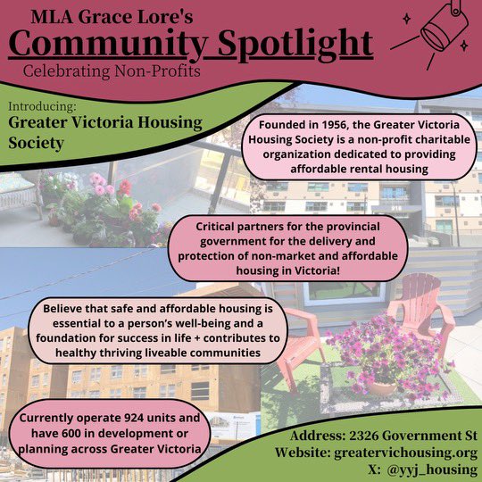 Spotlight! The Greater Victoria Housing Society is a critical partner as we work to provide, build, and protect affordable, attainable housing in our community. 

They operate 900+ units with 200 more under development &amp; 400 in the planning stages. Thank you <a href="/yyj_housing/">Greater Victoria Housing Society</a>! #bcpoli