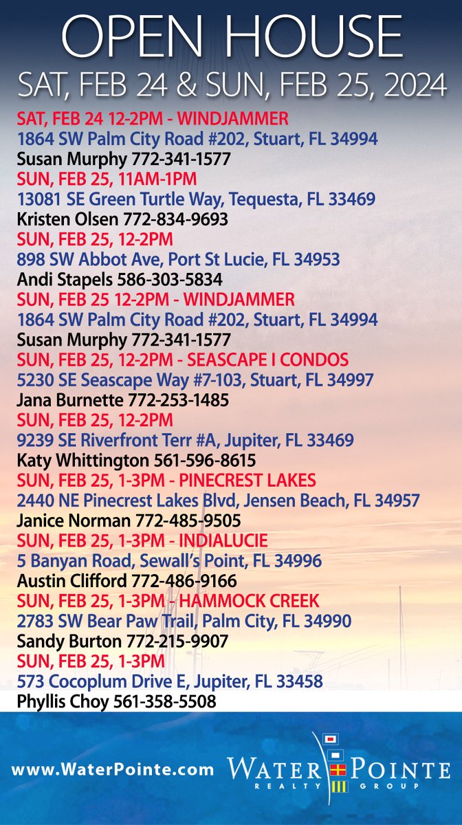 Visit our Open Houses this weekend and allow a Water Pointe Realtor® lead you HOME!
#openhouse #stuartrealtor #stuartrealestate #tequestarealestate #portstlucierealestate #jupiterrealtor #jupiterrealestate  #jensenbeachrealestate #palmcityrealestate #southfloridahomesforsale