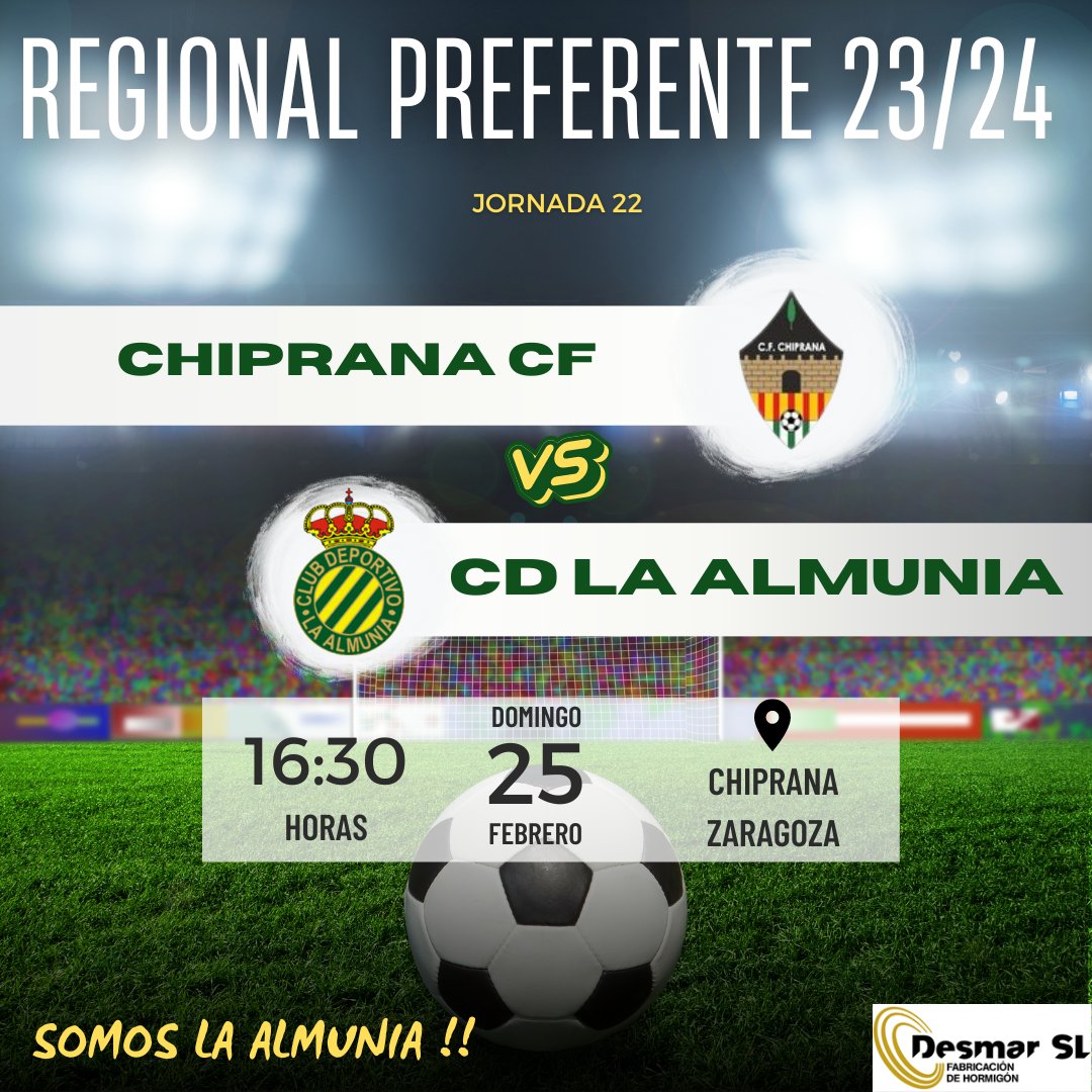 Jornada 22, nuestro primer equipo se desplaza a Chiprana, actualmente 16°clasificado de la categoría. Vamos a por los tres puntos, tenemos que seguir arriba. Aúpa La Almunia 💚 💛. Hasta el final!!