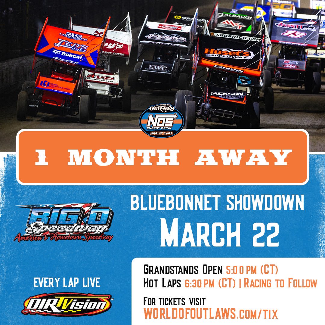 WorldofOutlaws's tweet photo. We’re 1 month from a new Texas track 🙌

On March 22 the World of Outlaws @NosEnergyDrink Sprint Cars will visit @BigOSpeedway (Ennis, TX) for the first time!

𝐓𝐈𝐂𝐊𝐄𝐓𝐒 🎟️: https://t.co/a1uNOoFoTI
𝐖𝐀𝐓𝐂𝐇 📺: @DIRTVision https://t.co/m8jbApsemb