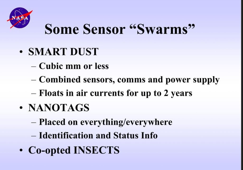 ResonantVisions's tweet image. Bio-nano 'technological age' was predicted for 2020.
Bats, Borgs and Humans for 2025.
Smart Dust, Nano tags and Swarms.
'Future Strategic Issues/Future Warfare Circa 2025' : NASA 113 power point pages (Int. Arch.2014)
#Borgification #nanotechnology