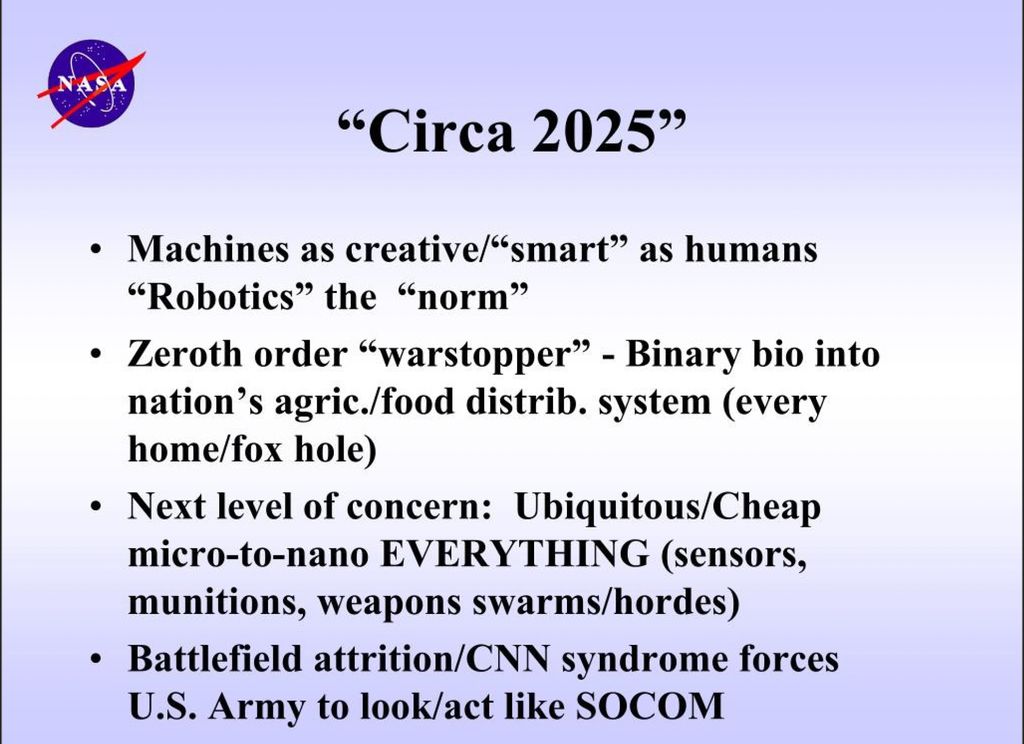 ResonantVisions's tweet image. Bio-nano 'technological age' was predicted for 2020.
Bats, Borgs and Humans for 2025.
Smart Dust, Nano tags and Swarms.
'Future Strategic Issues/Future Warfare Circa 2025' : NASA 113 power point pages (Int. Arch.2014)
#Borgification #nanotechnology