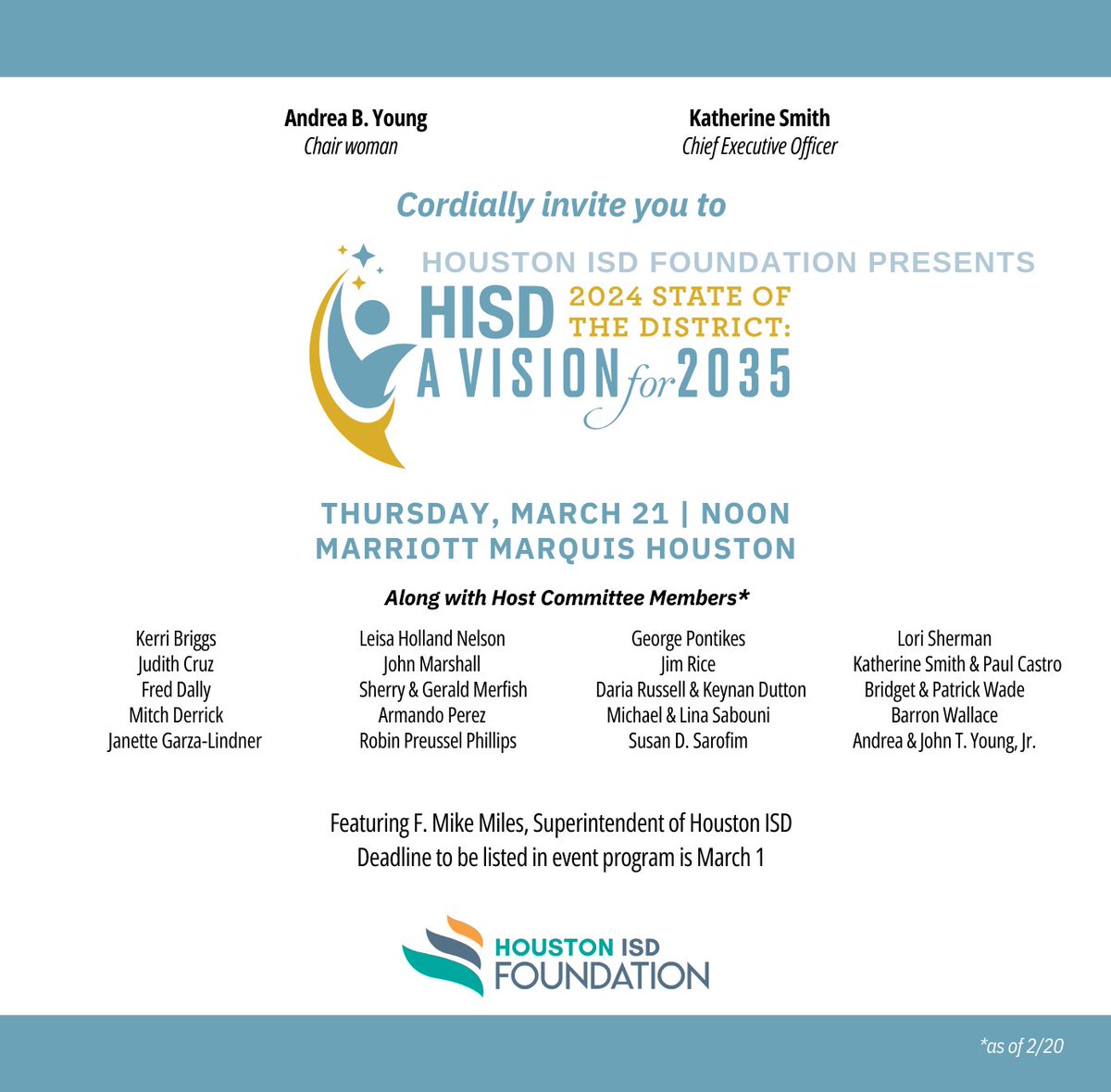 Houston ISD (@houstonisd) on Twitter photo On 3/21, <a href="/HISDFoundation/">Houston ISD Foundation</a> will host its 2024 State of the District luncheon. Join us for student performances, a fireside chat with Supt. Miles, and the opportunity to learn how you can support HISD students and schools. More information and tickets here: bit.ly/3OOPz1w On 3/21, <a href="/HISDFoundation/">Houston ISD Foundation</a> will host its 2024 State of the District luncheon. Join us for student performances, a fireside chat with Supt. Miles, and the opportunity to learn how you can support HISD students and schools. More information and tickets here: bit.ly/3OOPz1w