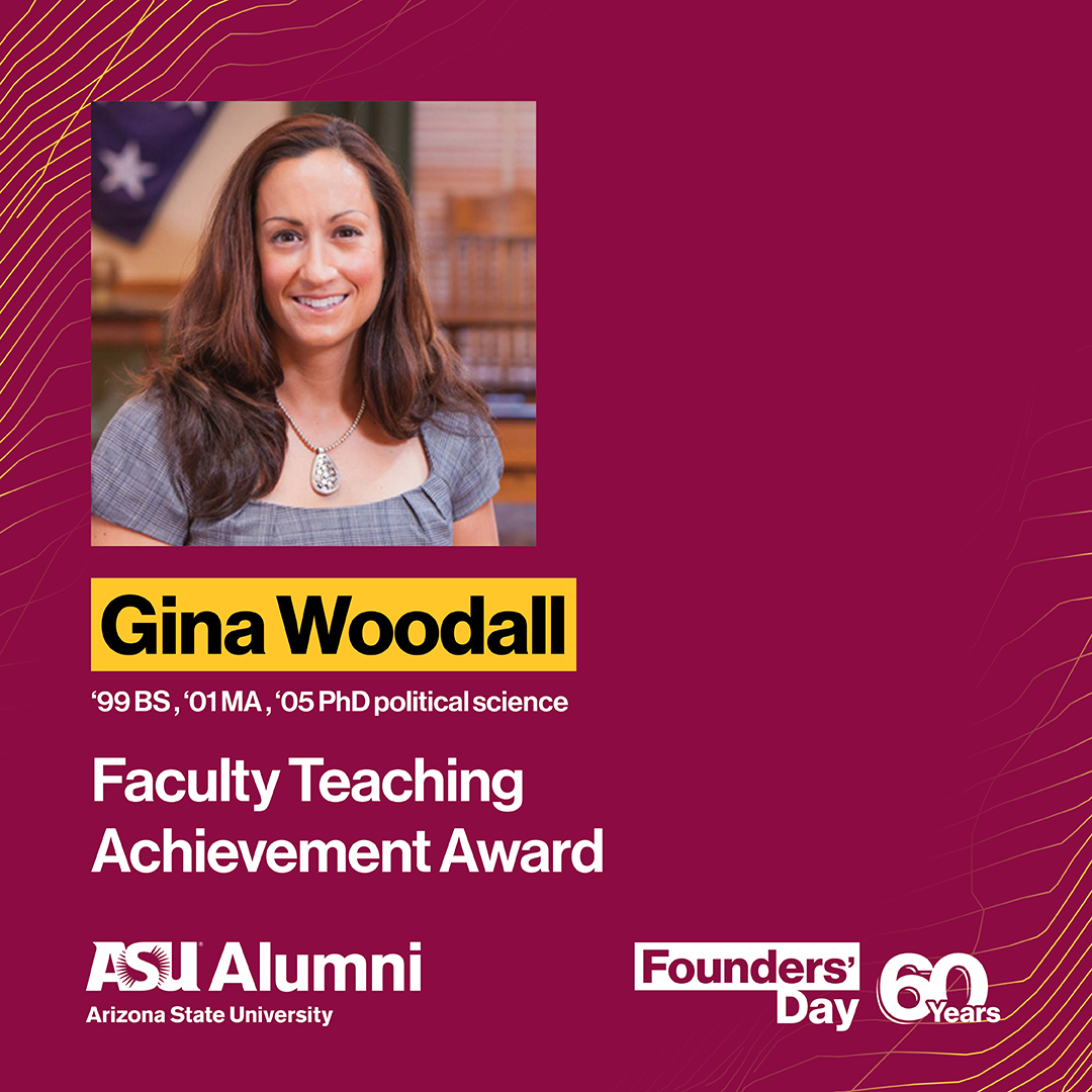 Gina Woodall, a teaching professor for @ASU_SPGS, is a part of the @ASU Founders’ Day 2024 honoree list after receiving the Faculty Teaching Achievement Award. @ASU_Alumni alumni.asu.edu/founders-day