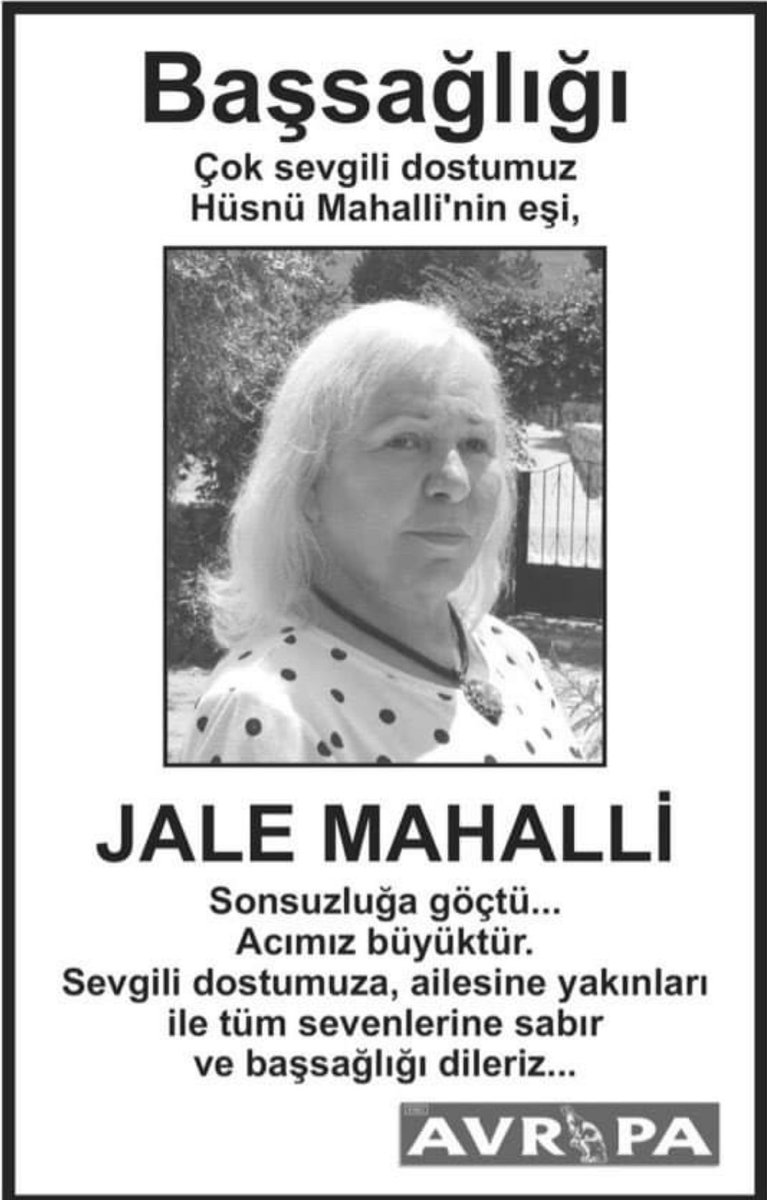 Lefkoşa’da yayınlanan Avrupa Gazetesi G.Y.Yönetmeni Şener Levent ve gazetenin tüm yazar ve çalışanlarına  bu duygusal dayanışmalarından dolayı çok teşekkür ederim. Jale hepinizi çok severdi🙏