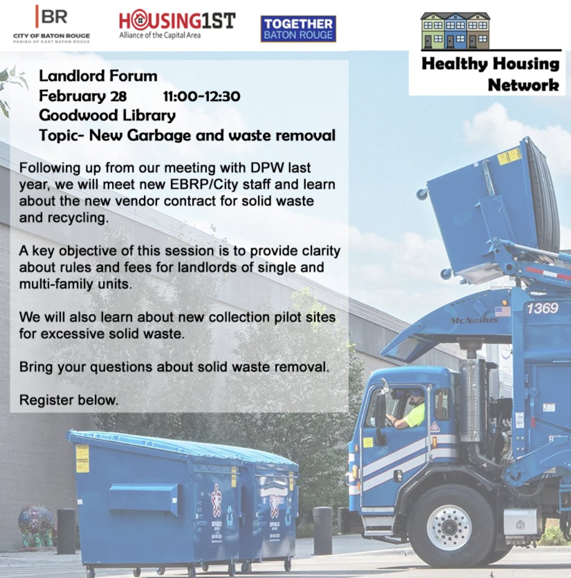 EBRPHA's tweet photo. Join us for the Landlord Forum on February 28th at Goodwood Library to learn about new garbage and waste removal services in EBRP. Register now to secure your spot and get clarity on rules, fees, and new collection pilot sites! https://t.co/bFUFdfNbEo

#EBRPHA #225batonrouge https://t.co/B25JkOCUB6