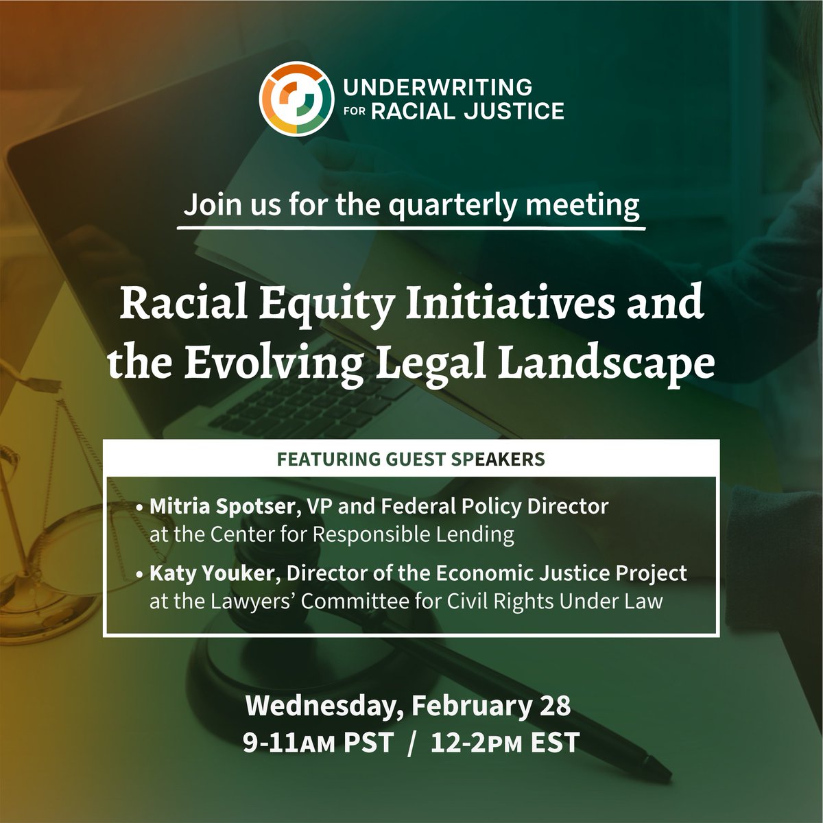 Join us for our next Underwriting for Racial Justice (URJ) Quarterly Meeting on Wednesday, February 28th, to discuss Racial Equity Initiatives and the Evolving Legal Landscape with @CRLONLINE & @LawyersComm Sign up at: bit.ly/URJFebMeeting #UnderwritingForRacialJustice #URJ