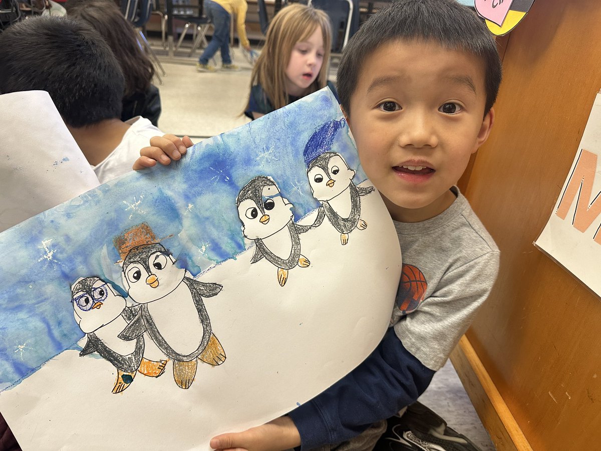 First graders created a family portrait but with a twist, as penguins! 🐧❄️ 

Their favorite part was using the crayon resist technique to create “secret snowflakes” in the background. <a href="/Mosaic_ES/">Mosaic Elementary School</a>