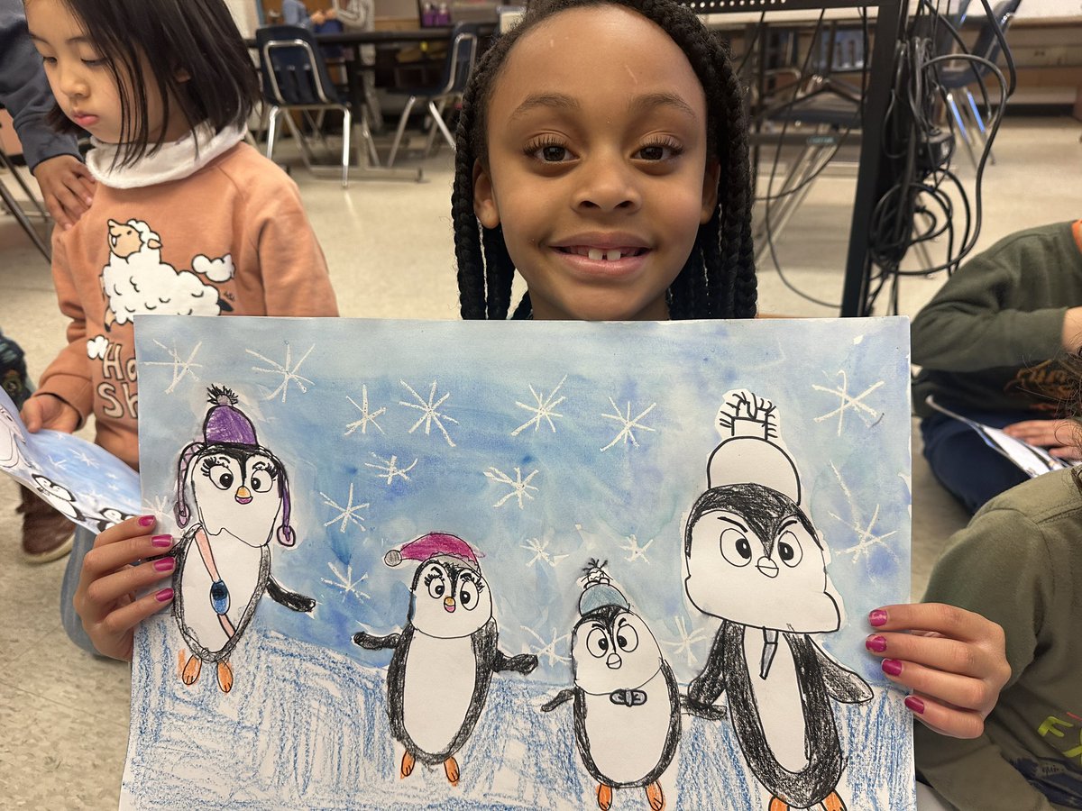 MES__Art's tweet photo. First graders created a family portrait but with a twist, as penguins! 🐧❄️ 

Their favorite part was using the crayon resist technique to create “secret snowflakes” in the background. @Mosaic_ES https://t.co/T9EJwvAQqP